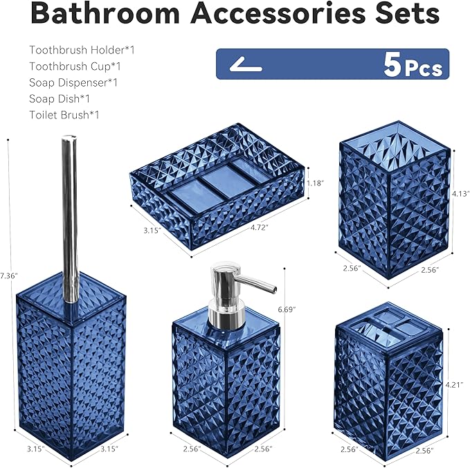 Bathroom Accessory Set, 5 PCS Blue Bathroom Accessories Sets Complete, Soap Dispenser, Toothbrush Holder, Soap Dish, Mouthwash Cup and Toilet Brush, Modern Bathroom Decor
