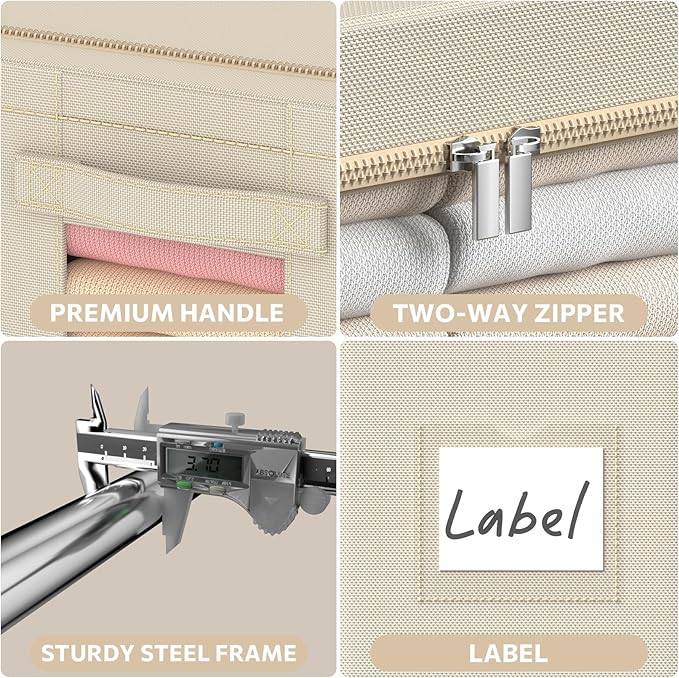 CYhom 3Pack Frame Storage Box - Clothes Storage Bin Bags Oxford Fabric Foldable Stackable Container Organizer Set with Clear Window & Carry Handles Large Capacity (Beige, Large-66L)