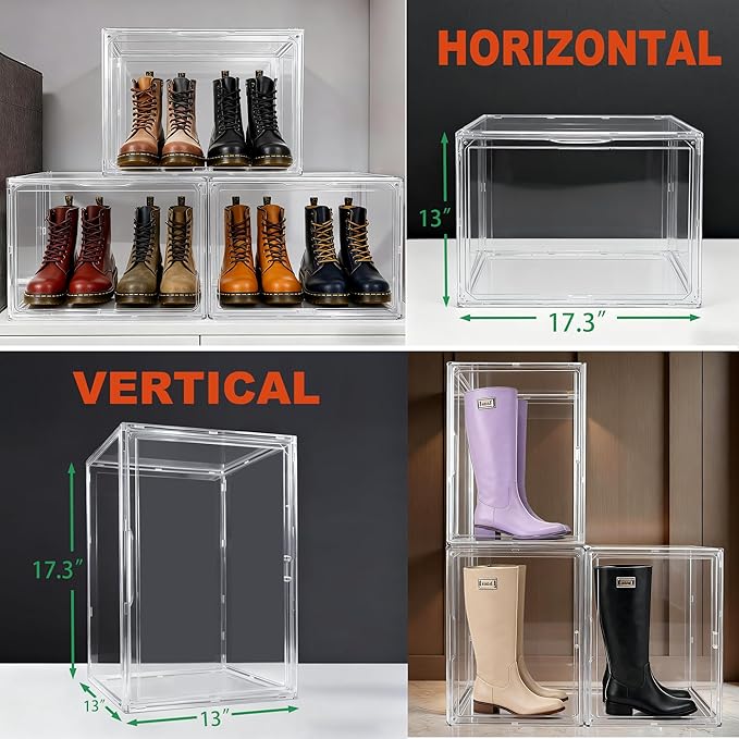 5 Pack XXX-Large Super Large Acrylic Display Case Figures Collectibles Helmet Showcase Boot & Shoe Boxes Clear Stackable Plastic Storage Bins Organizer with Magnetic Lid, 5 Pack with 2 Shoe Bags