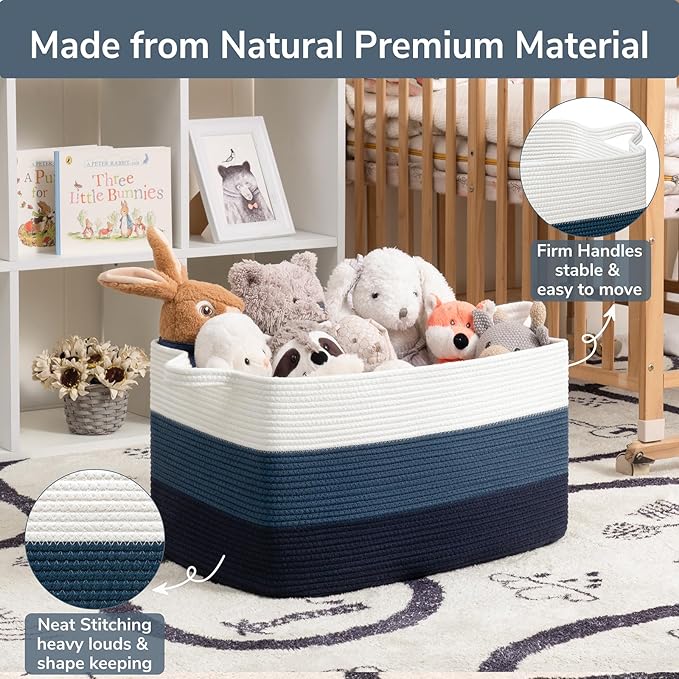 Goodpick Storaget Basket, 21.6" x 14.9" x 11.8", Toy Storage Baskets for Bedroom, Large Baskets for Organizing, Rectangle Woven Rope Basket for Blanket Storage, Blue