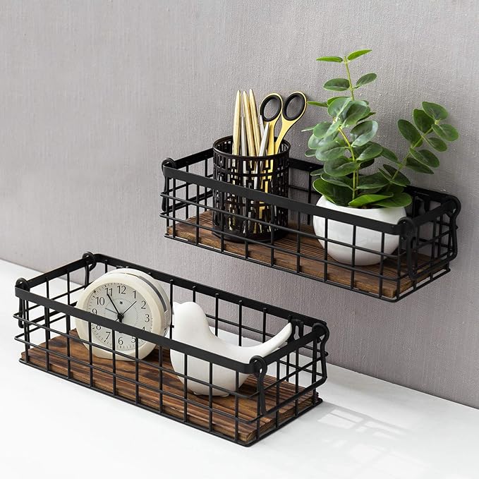 MyGift Set of 2 Black Wire Baskets for Organizing – Storage Baskets/Pantry Baskets for Shelves & Wall