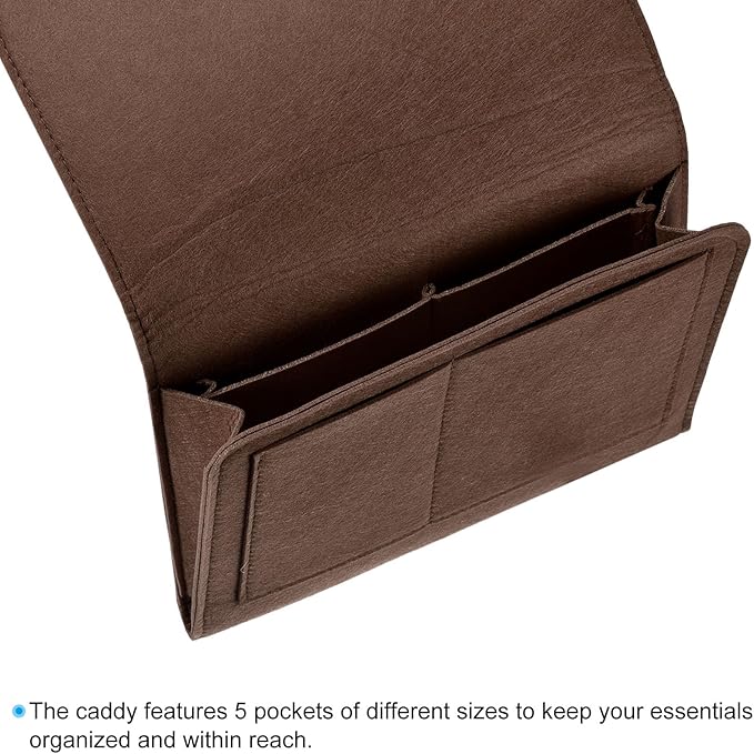 PATIKIL 11in Bedside Caddy, Bed Caddy Bedside Organizer Hanging 5 Pocket Soft Bed Pockets Bedside Storage Organizer Remote Control Holder for Bedroom Phones Glasses, Dark Brown