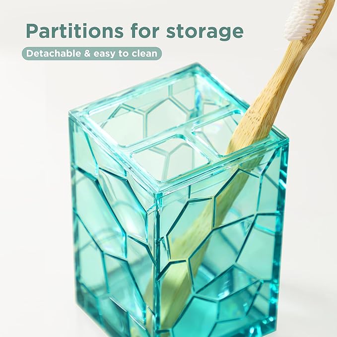 HBlife Bathroom Accessories Set, Teal Blue Acrylic Bathroom Counter Set with Toothbrush Holder, Soap Dispenser, Tumbler, Soap Dish, Turquoise Boho Modern Bathroom Decor, Ideal Gift Choice