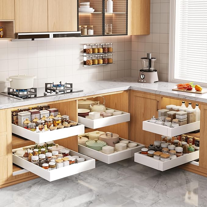 4 Pack Pull Out Cabinet Organizers 21" Deep With Raising Pad for Framed Cabinets, Expandable Width (9"-14") Slide Out Drawers Upgrade 3 Slide Rails, Roll Out Shelves Adhesive, White