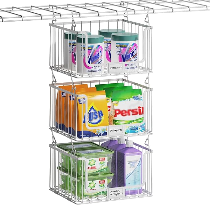 3-Pack Laundry Basket, Wire shelves for Laundry Room Space Saving-Metal Laundry Basket Holde,15"D x 11"W, White