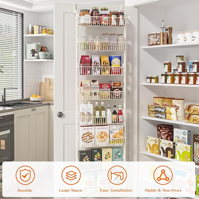 MIAOLI Over the Door Pantry Organizers and Storage, 8-Tier Spice Rack, Home & Kitchen Storage Shelves for Cabinet, Large Capacity Hanging Seasoning Organizer, Laundry Room Organization, White