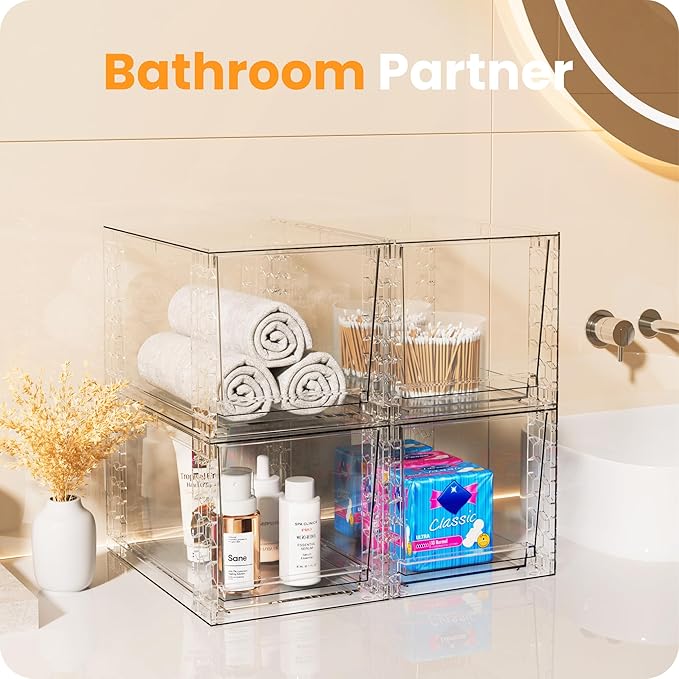A-LuGei 【𝟰𝗣𝗖𝗦】 Acrylic Stackable Drawers, 11.8" L Makeup Organizer, Bathroom Organizer and Storage, Under Sink Organizer, Plastic Storage Bins