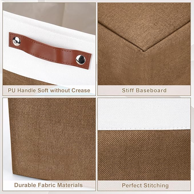 Large Fabric Storage Baskets | 50L Storage Bins, Decorative Linen Closet Baskets with Handles for Organizing, Shelf, Toys, Clothes, Home, Office, Nursery, 17x12x15Inches (Brown&White)