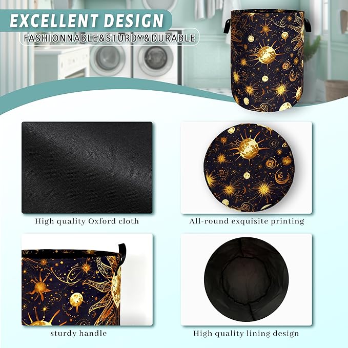 Golden Sun Pattern Laundry Basket Galaxy Funny Laundry Hamper Foldable Oxford Cloth Universe Colorful Tote Bag Clothes Toy Storage Bucket 18.9" x 16.5"For Bathroom/Laundry Storage/Bedroom