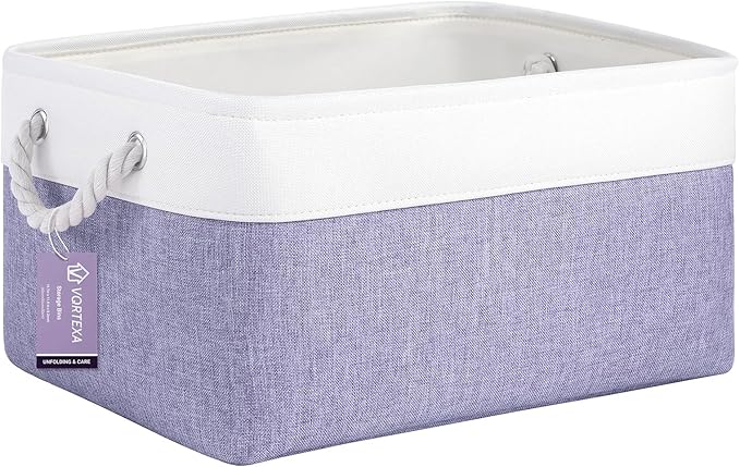 Large Storage Baskets- 15.7x11.8x8.26 inch Storage Bins for Shelves and Closet Organizing, Foldable Fabric Bin for Home Organization Clothes and Laundry (1-Pack, White&Purple)