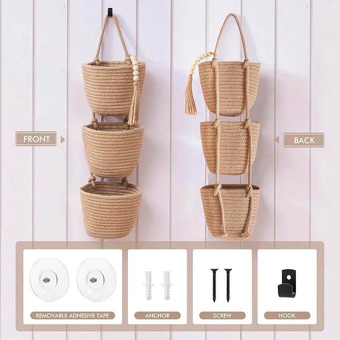 Fabric Wall Hanging Organizers - Small Woven Baskets Pouches Set Boho Style Wall Mounted Bag with Adhesive Hook, Storage Decoration Pocket Caddy for Closet Playroom RV Nursery (Linen & Black)