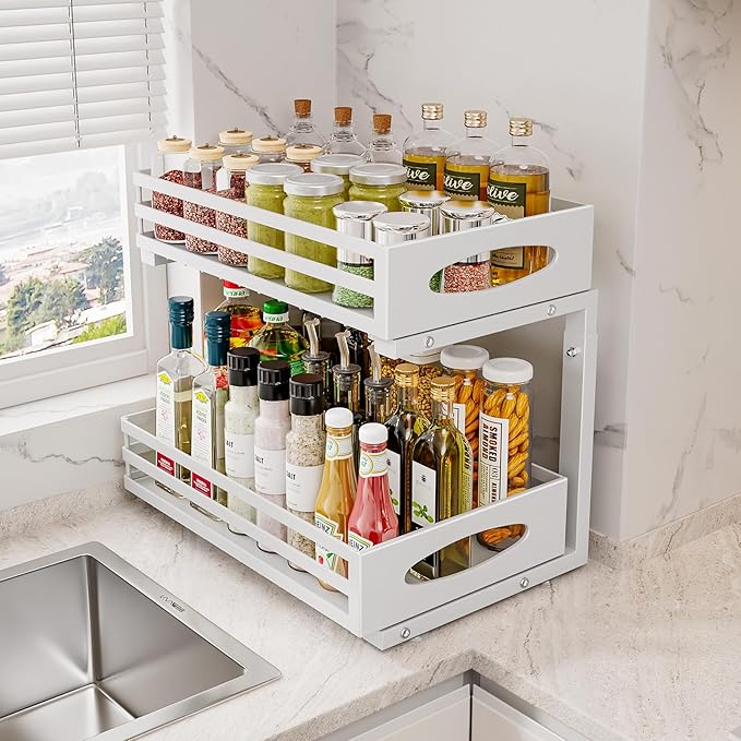Under Sink Organizer, 2 Tier Under Sink Organizers and Storage, Adjustable Height, Slide out Metal Cabinet Organizers, Pull out Cabinet Storage Drawer Shelf for Kitchen Bathroom White 1Pack