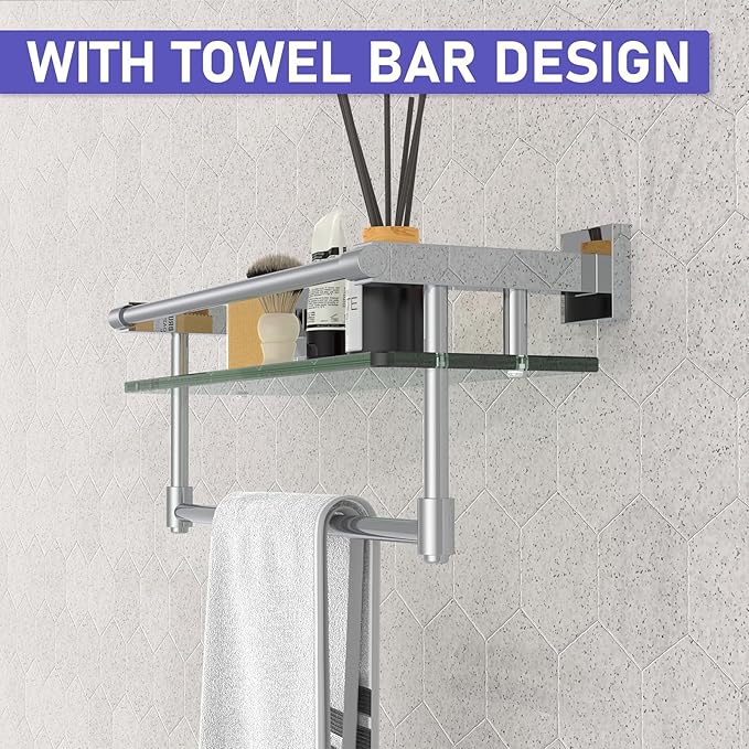 Glass Shelf for Bathroom 16 in Bathroom Shelves with Towel Bar Tempered Glass Shelves with Stainless Steel Towel Holder for Wall (Chrome Polished)