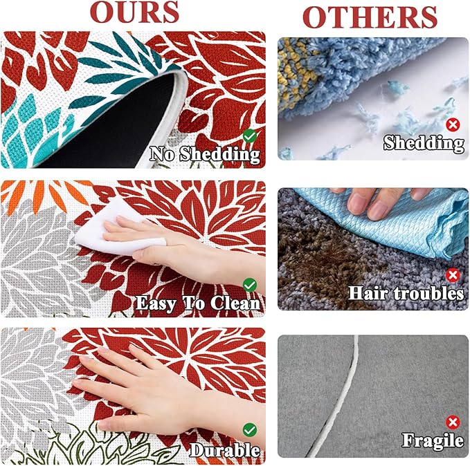 Vaukki Bathroom Rug Set 3 Piece, Non Slip Absorbent Rubber Backed Floral Bath Floor Mat Fit Under Door, Ultra Thin Quick Drying Bath Rug for Shower, Tub and Toilet, 17"x26"+17"x32"+17"x24"U, Red
