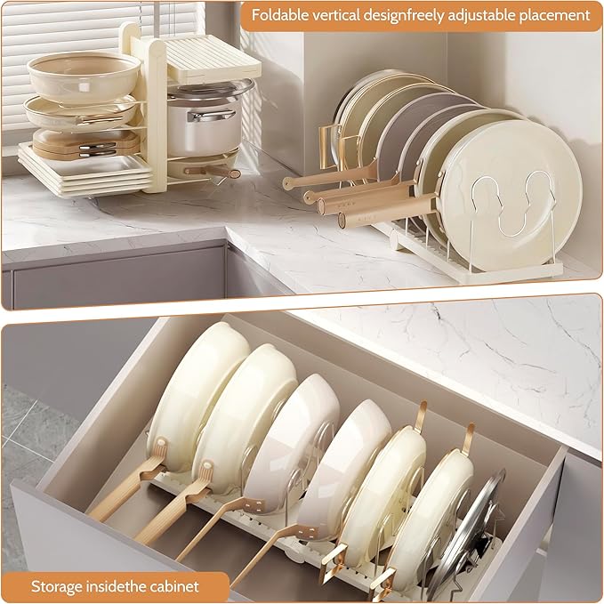 CEHNCEH Pots and Pans Organizer under Cabinet for Cabinet and Countertop Longest 28.5 in Foldable Adjustable 8-Tier Pan Organizer Rack Perfect to Store Pots, Kitchen Cabinet Organizer (White)
