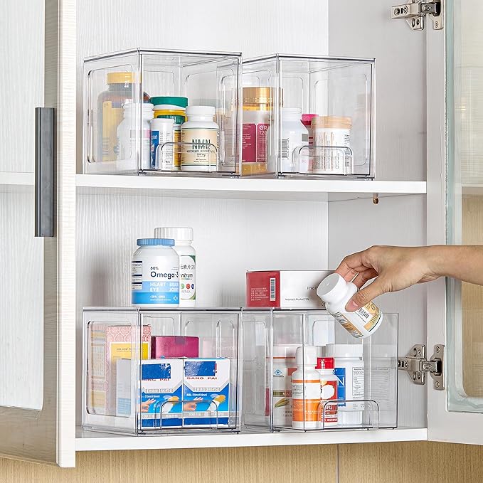 Vtopmart 8 Pack Stackable Under Sink Organizer Drawers, Clear Acrylic Storage Bins for Kitchen and Bathroom Cabinets, Baby Bottles, Cleaning Supplies, 6.6'' Tall Space-Saving Drawer System