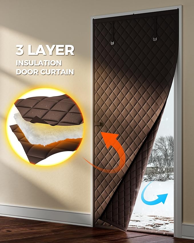 Thermal Insulated Door Curtain Fits Door Size 32 x 80 Inch, Oxford Cloth Thicken Cotton Filled, Curtain Size 35" x 82", Single Piece Door Insulation Blanket Cover for Cold in Winter, Brown