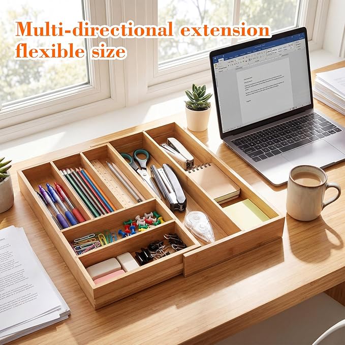 1 Pcs Bamboo Drawer Organizer 9'' up to 18'' x 15'' x 2'' Expandable Drawer Organizer Pens Notebook Ruler Makeup Tray with 7 Adjustable Compartments for Desk Office Kitchen Bathroom(Wood)