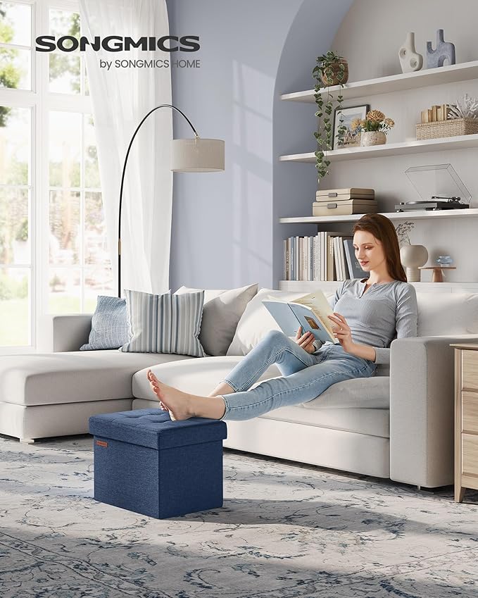 SONGMICS Mazie Collection - Small Folding Storage Ottoman, Foot Rest Stool, 12.2 x 16.1 x 12.2 Inches, 286 lb Load Capacity, for Living Room, Bedroom, Home Office, Dorm, Midnight Blue ULSF102Q02