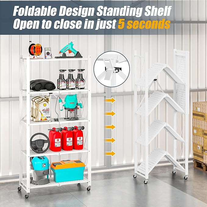 5-Tier Folding Metal Storage Shelf with Wheels, Heavy Duty Organizer Rack Holds 750 lbs, No Assembly Utility Shelving for Kitchen, Garage, Pantry, Living Room, Office (New Upgrade - White, 5 Tier)