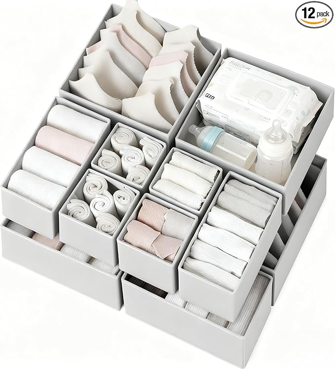 Criusia Drawer Organizer Clothes 12 Pack, Dresser Organizer for Nursery Bedroom Closet Organization and Storage - Baby Clothes Organizer Bins - Drawer Divider for Sock Underwear Bra Ties (Grey)