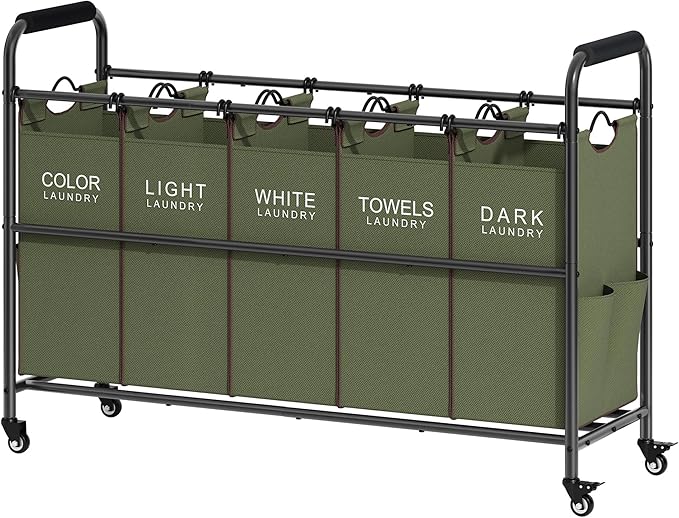 Tajsoon 5 Sections Laundry Sorter, Laundry Hamper with Heavy Duty Lockable Wheels and Removable Bags, 5 Bag Laundry Sorter Cart for Dirty Clothes Storage, Green