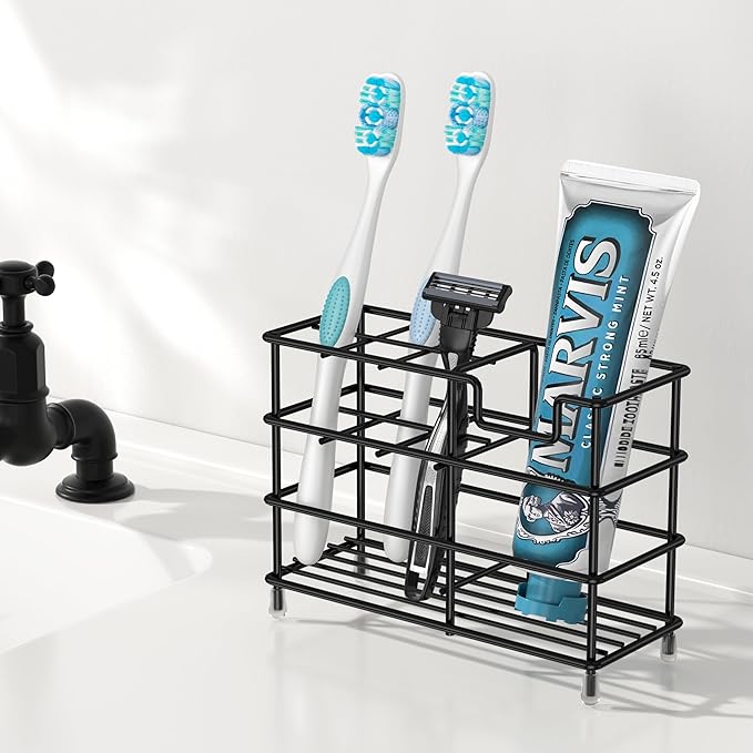 HBlife Medium Toothbrush Holder for Bathroom, 7 Slots Black Stainless Steel Bathroom Accessories Organizer for Small Spaces