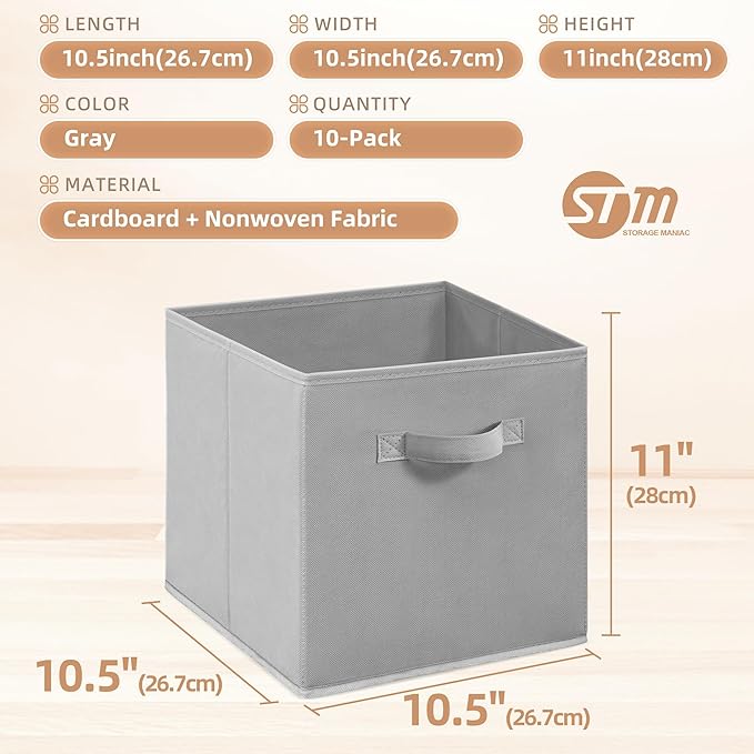 STORAGE MANIAC Storage Cubes, 11 Inch Collapsible Storage Bins with Handles, 10 Pack Fabric Foldable Bins for Organization, Durable Storage Bins for Closet, Shelves, Offices, Toys, 10-Pack Grey