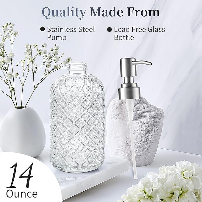 14 Oz Refillable Glass Soap Dispenser with Rust Proof Stainless Steel Pump, for Dispense Hand soap, Body wash, Lotion