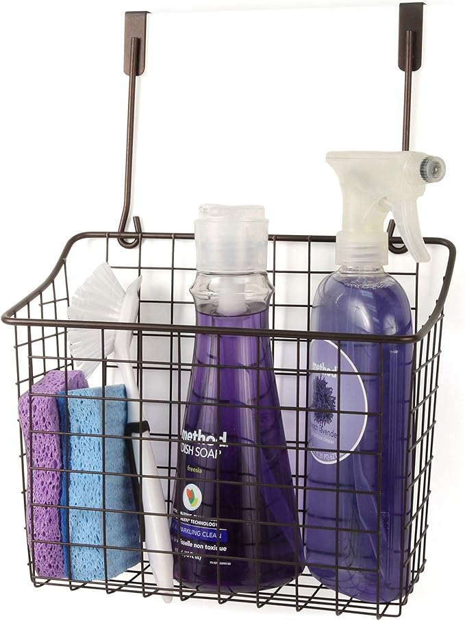 Spectrum Large Over Cabinet Door Organizer Bronze Wire Storage Basket for Kitchen Bathroom, Steel Hanging Cabinet Storage Organizer Basket Design Fits 0.75 Inch Cabinet Doors