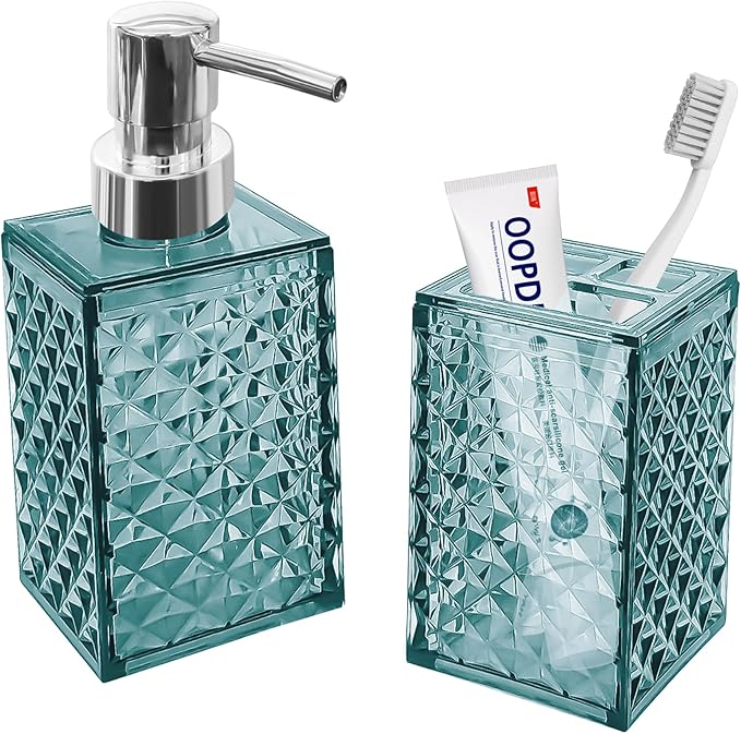 2PCS Mint Blue Bathroom Accessories. Contain Soap Dispenser and Toothbrush Holder Set. Boho Bathroom Set for Blue Bathroom Décor