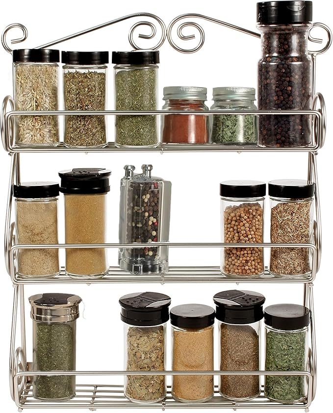 FitWell Scroll Wall Mount Spice Rack, 3-Tier, Traditional Spice Rack Cabinet & Kitchen, Beauty & Nail Polish Organizer for Bathroom, Scroll Wall-Mounted (Satin Nickel)