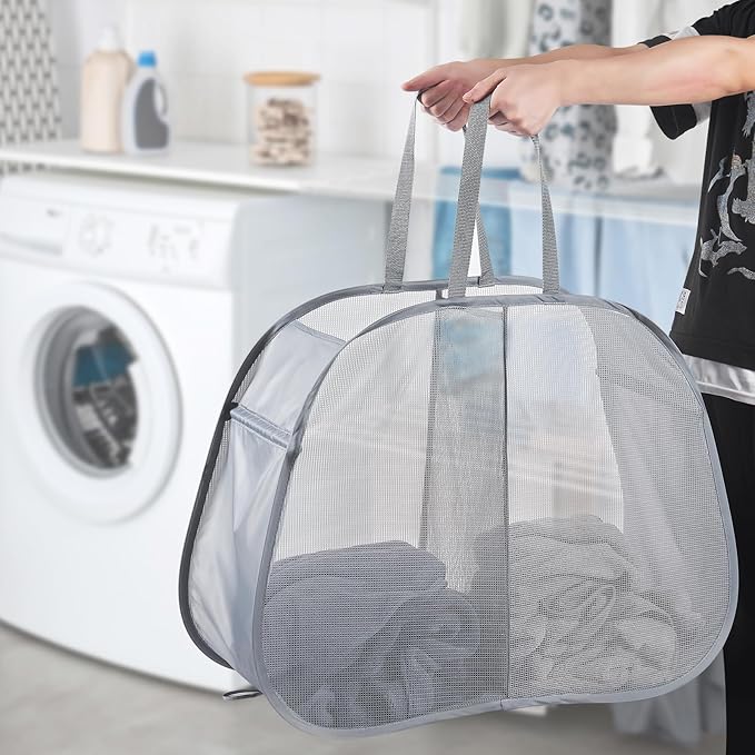 Mesh Popup Laundry Hamper 2 Compartment, Collapsible Laundry Sorter Basket Foldable Hamper for Clothes, College Dorm, Travel (Gray)