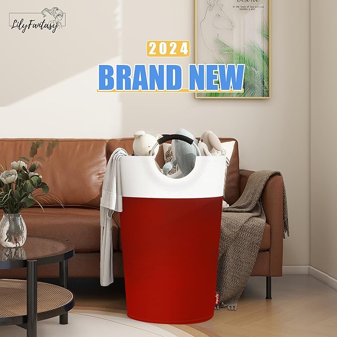 125L Laundry Basket, Collapsible Laundry Hamper with Padded Handles, Waterproof Laundry Bag, Tall Clothes Hamper Stand Up Well, Foldable Laundry Baskets for Easy Storage(Red)