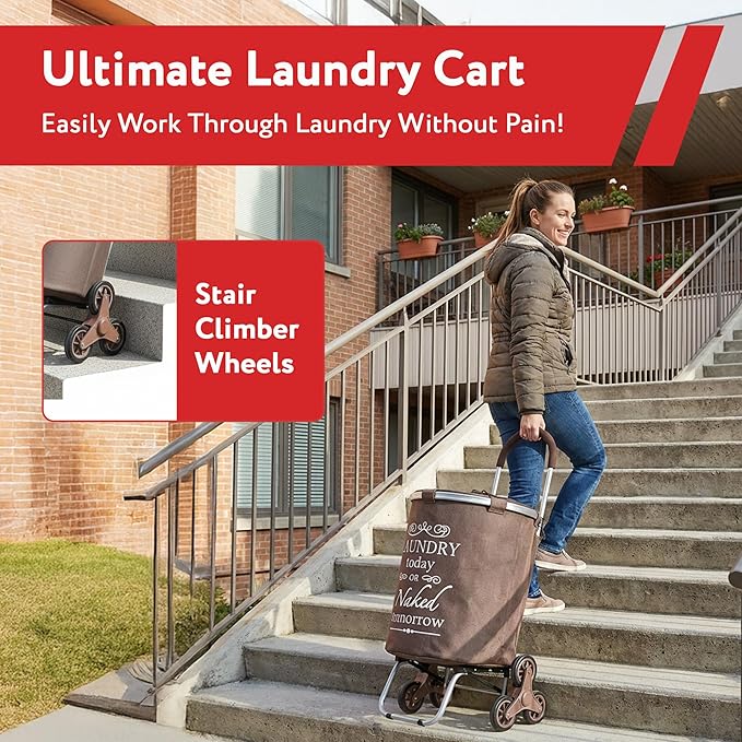 dbest products Stair Climber Laundry Trolley Dolly, Brown Laundry Bag Hamper Basket cart with wheels sorter