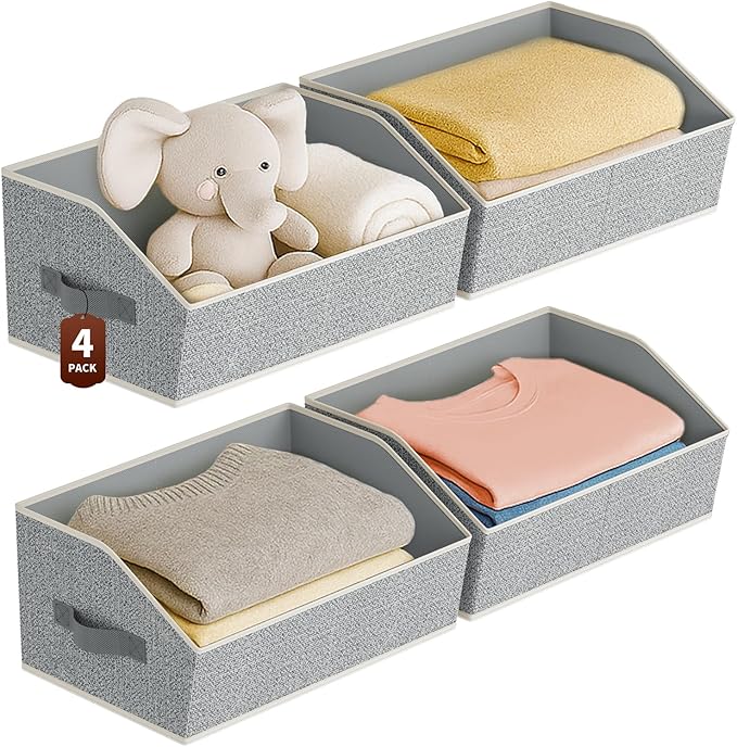 Large Closet Organizers and Storage Bins - 4 Pack Trapezoid Storage Baskets for Shelves, Foldable Fabric Baskets with Handles Ideal for Closet, Basket, Wardrobe and Shelf Storage, Light Grey