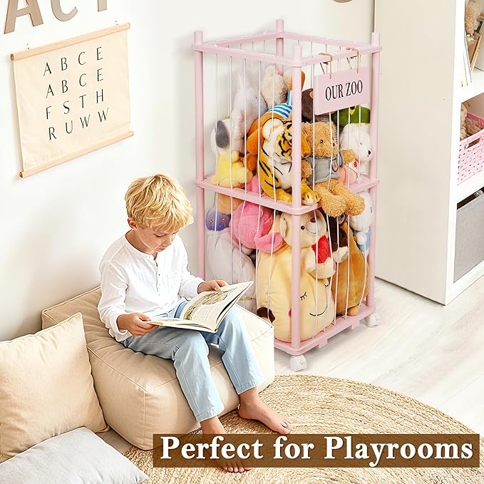 Stuffed Animal Storage Zoo, Wooden Stuffed Animal Organizer with Removable Wheels & 5-Row Elastic Cords, Space-Saving Plush Toy Storage Holder for Playroom, Bedroom, Nursery