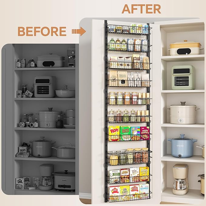 MIAOLI Over the Door Pantry Organizer, 10-Tier Adjustable Spice Rack Cabinet Door Shelves, Hanging Seasoning Organizer for Kitchen Bathroom, Laundry Room Organization, Black