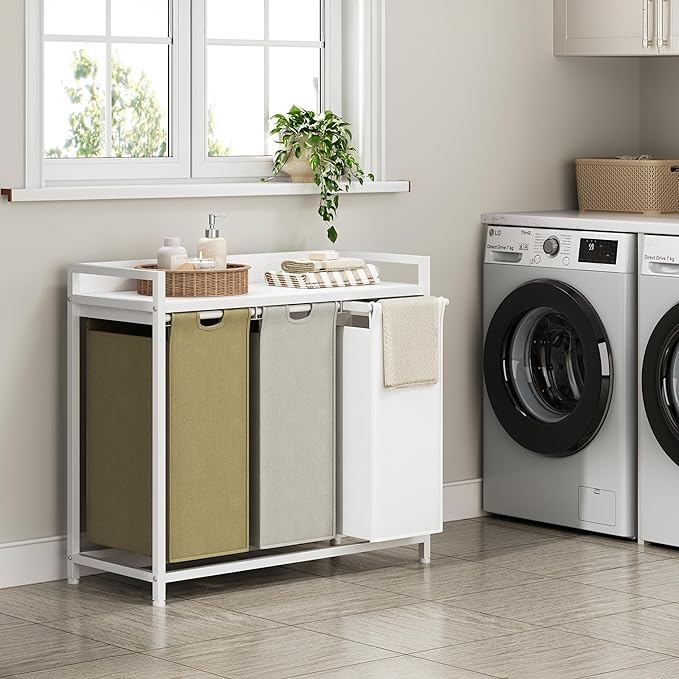Laundry Hampers with Shelf, Laundry Basket 3 Section, Laundry Sorter with Pull-Out Removable Large 3 Color Bags and Movable Wheels, Metal Frame, 3 x 15.87 Gallons (60L), White PF04XLE