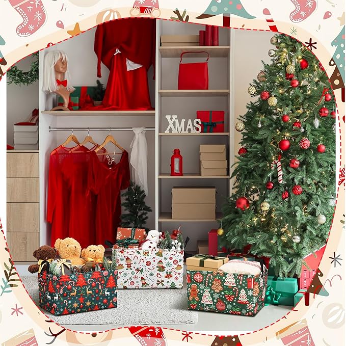 4 Pack Christmas Storage Bin Collapsible Large Christmas Storage Baskets for Gifts Xmas Tree Canvas Laundry Basket Foldable Box with Handle for Office Home Bedroom Clothes Toys Holiday Decor