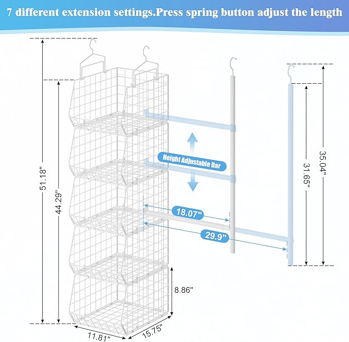 5 Tier Extended Depth Kids Hanging Closet Organizer with Adjustable Width and Height Hanging Rod, Storage Shelves for Sweaters Towels Handbags, Stackable Metal Bins for Closet, Laundry, Dorm, White