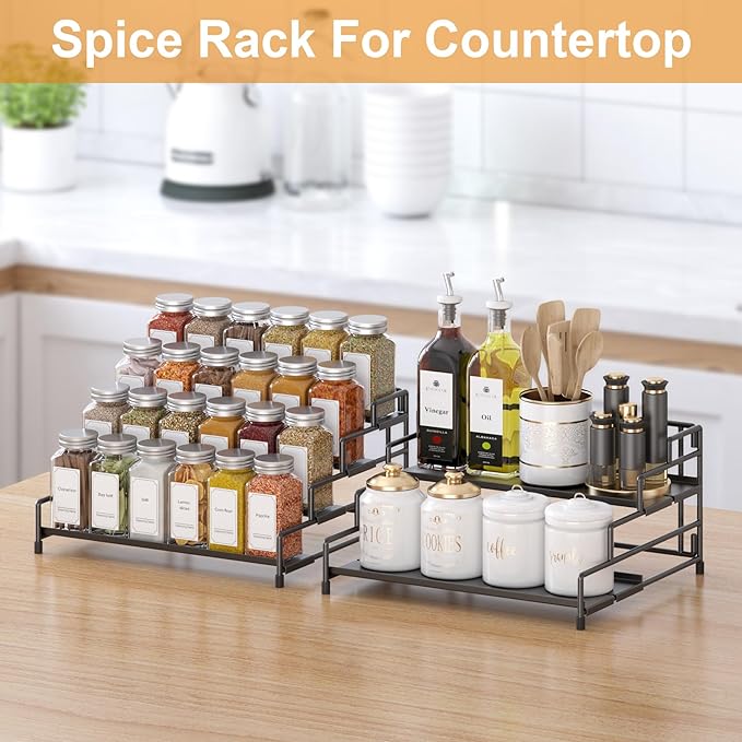 4-Tier-Spice-Rack-Organizer-for-Cabinet, Adjustable Depth Spice Holder Shelf For Countertop Pantry Cupboard, Metal Tiered Seasoning Organizer,Display Shelf Riser (Black-2 Pack)