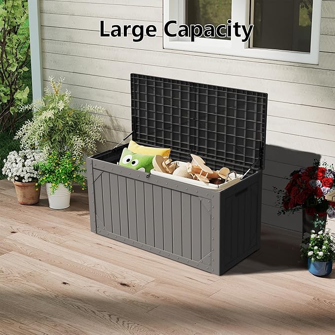 Outdoor Storage Box Waterproof, 100 Gallon Lockable Resin Deck Box Patio Storage Bin for Pool Accessories Cushion Furniture, Garden Tools, UV-Resistant Outside Delivery, Black