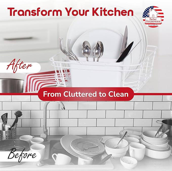 Better Houseware Dish Drying Rack, Space-Saving Dish Drainer Rack for Kitchen Counter, Coated Steel Kitchen Dish Strainer 2-Piece Set with Utensil Holder, White