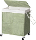 WOWLIVE Double Laundry Hamper with Lid, Handwoven Rolling Laundry Basket with Wheels, 115L Dirty Clothes Hamper with Removable Liner Bag Large Capacity Laundry Sorter Laundry Room Organization,Green