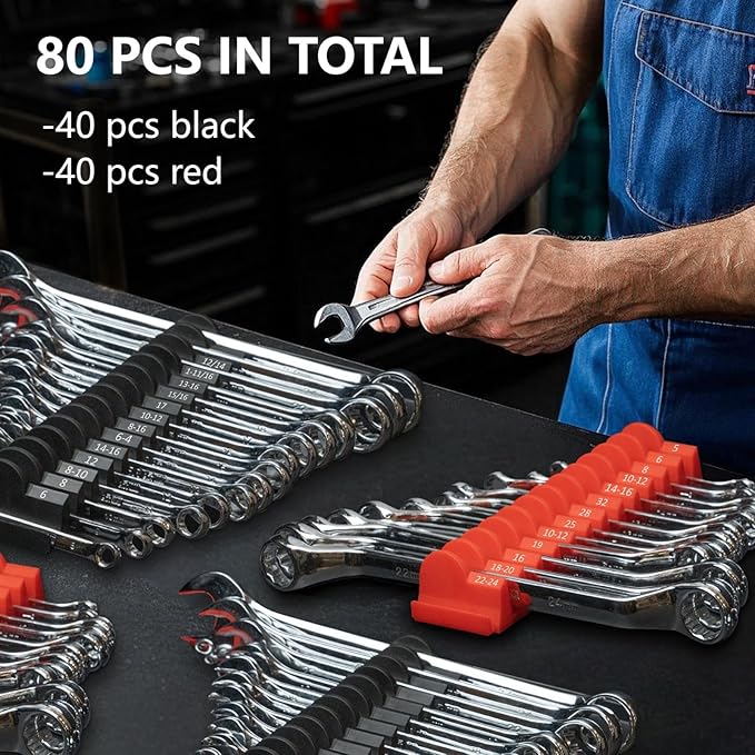 80 pcs MAGNETIC Modular Wrench Organizers for Tool Drawers - Wrench Rack with Metric & SAE Labels, Perfect Tool Storage Holder. Gift for father, brother and boyfriend (With Magnet) (Black and Red)