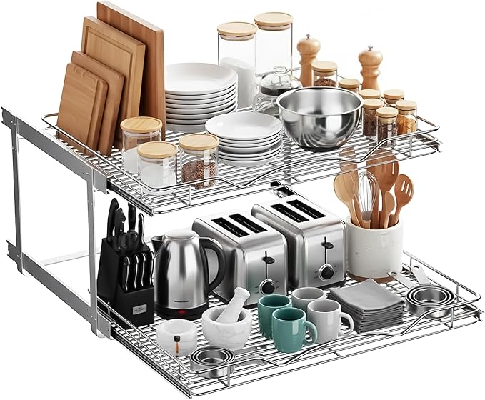 2-Tier Pull-Out Cabinet Organizer with Heavy-Duty Steel Frame, Full-Extension Sliding Shelves, Holds 100 lbs, Easy Install for Kitchen, Pantry & Under Sink Cabinets, 28" W x 21”D x 16.5" H