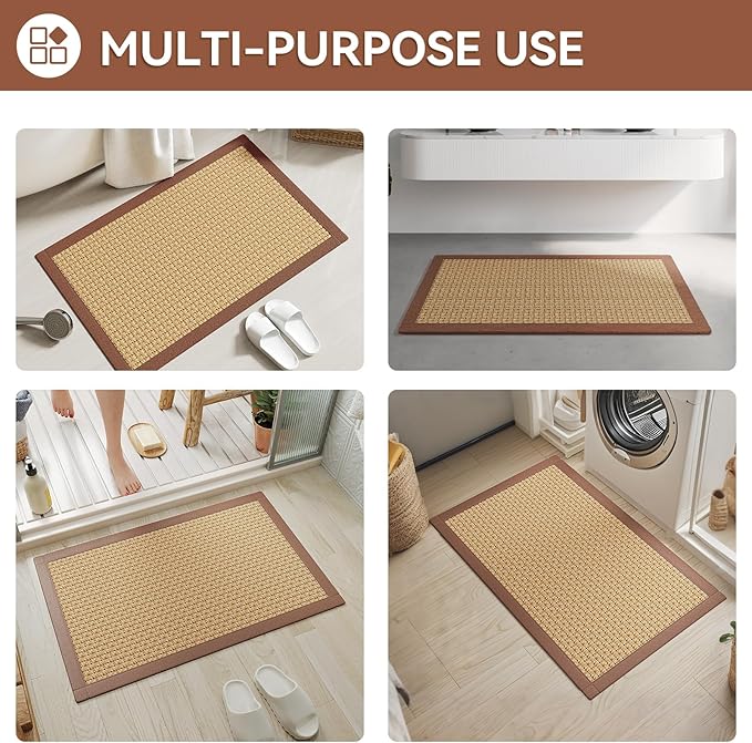 YDKGL Bath Mat Bathroom Rugs Non Slip Washable, Soft Jute-Like Ultra Thin Bath Mats, Rubber Backing Super Absorbent Quick Dry Thin Bath Rug Shower Mat Fit Under Door Bathroom Tub Floor, Brown 20"x32"