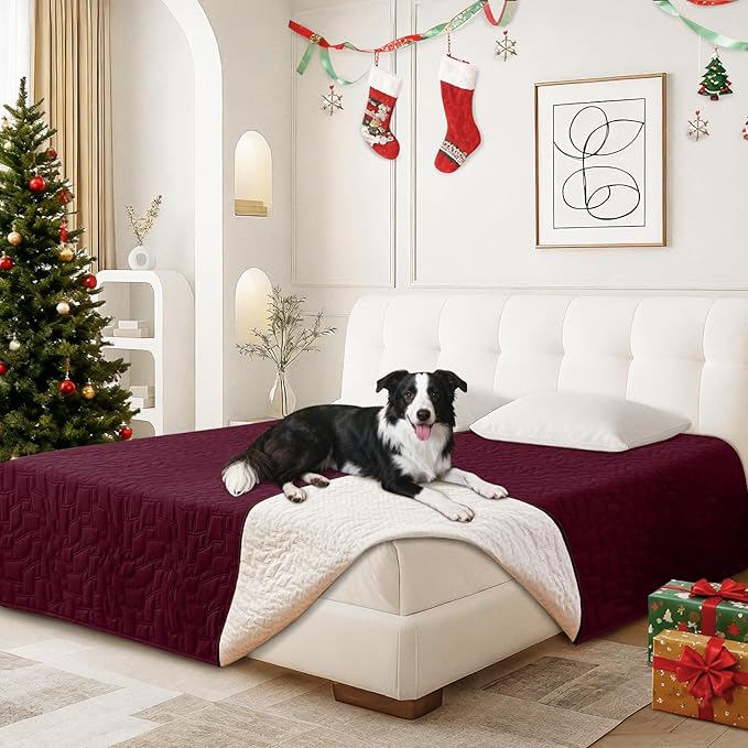 Waterproof Dog Blanket, Non-Slip Soft Pet Bed Cover, Couch Cover for Dogs Washable, Protects Sofa, Furniture, Crate, Car, Tear Resistant Leakproof Pet Blanket Christmas (68x82 Inch, Burgundy)