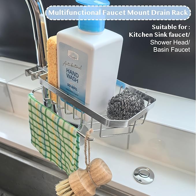 Sponge Holder for Kitchen Sink, Kitchen Organizer, 304 Stainless Steel Cleaning Supplies Organizer, Sink Brush Holder, Sink Organizer, Hanging Organizer (ROUND RIGHT)